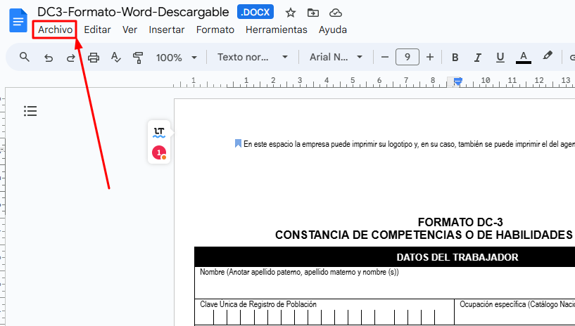 Paso 2 para descargar formato DC3 en Word