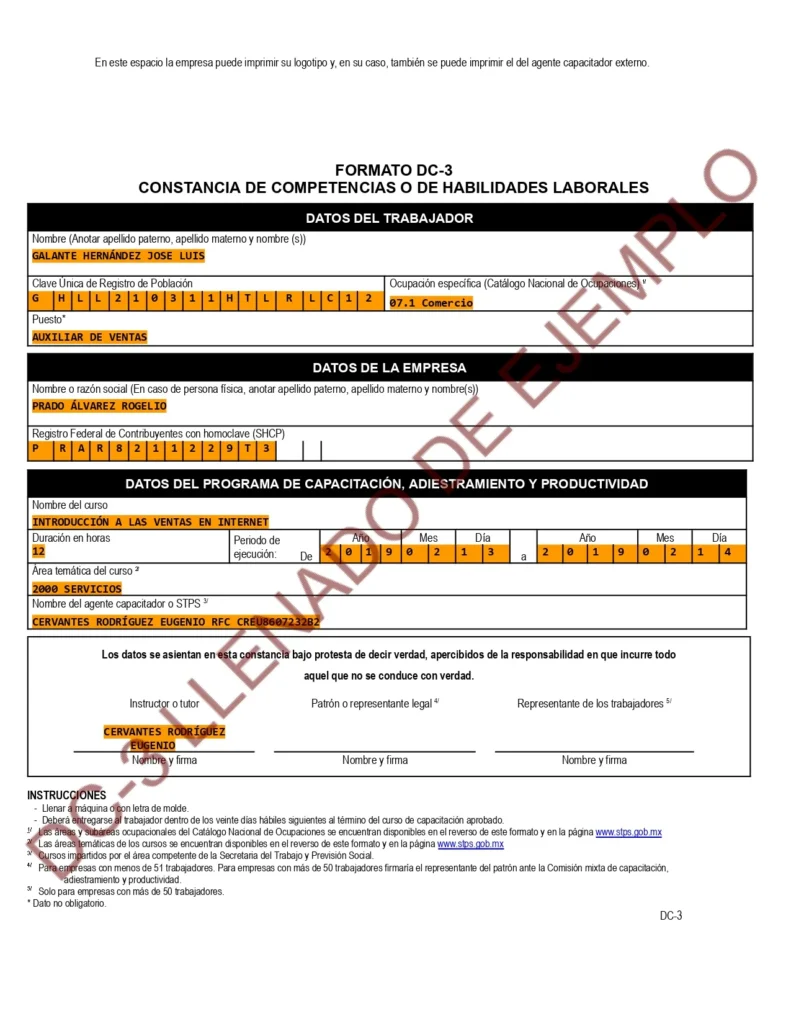 Formatos DC3 STPS: Ejemplo de llenado para persona físca