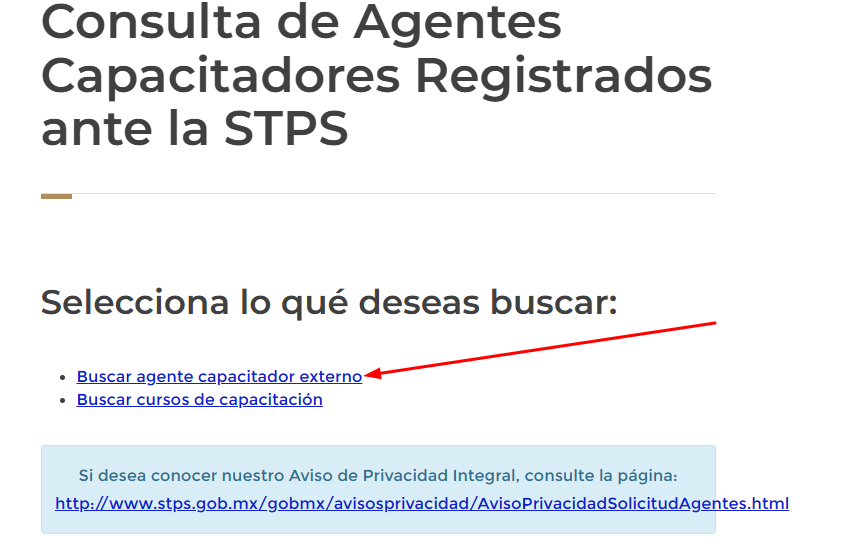 Clic en buscar Agente Capacitador Externo de la STPS