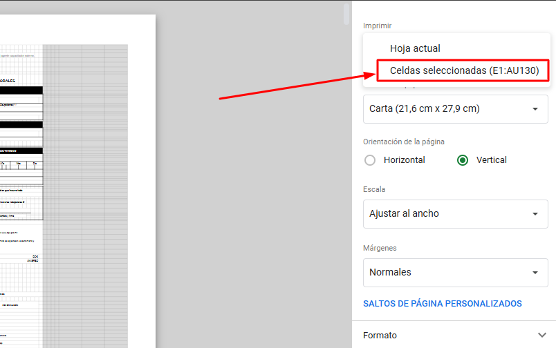 En el Menú desplegable del lado derecho seleccionar la opción Celdas seleccionadas