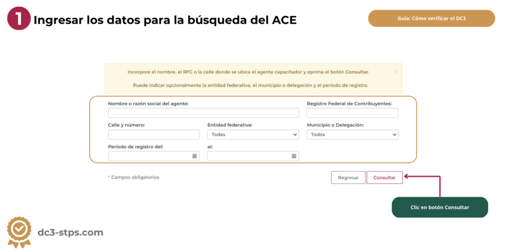 Ingresar los datos del Agente Capacitador Externo para realizar la búsqueda