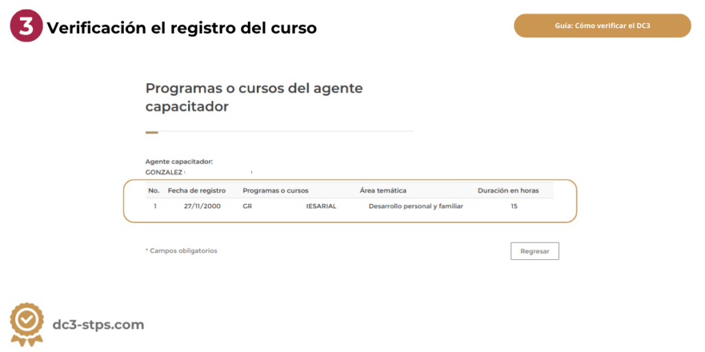 Validación de los datos del curso de adiestramiento STPS