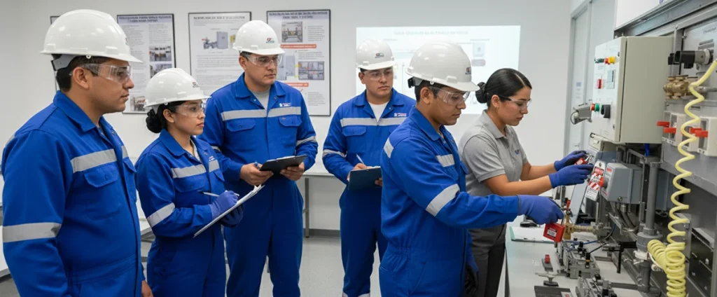Grupo de trabajadores recibiendo una capacitación en LOTO