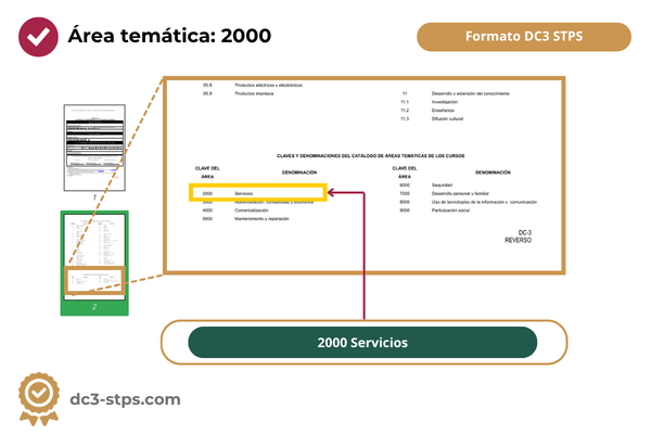 Dónde se encuentra el área temática 2000 Servicios dentro del formato DC3 STPS