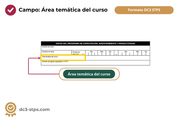 Ejemplo del área temática se debe escribir en el campo Área temática del curso dentro del formato DC3