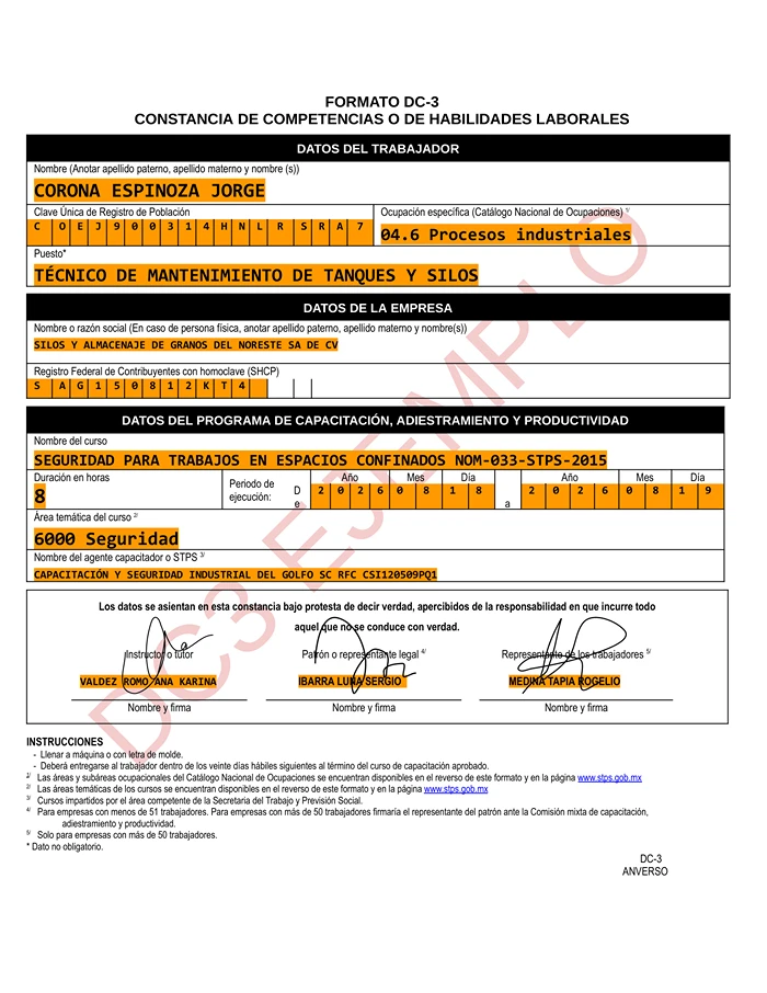 Formato DC3 de espacios confinados llenado de ejemplo